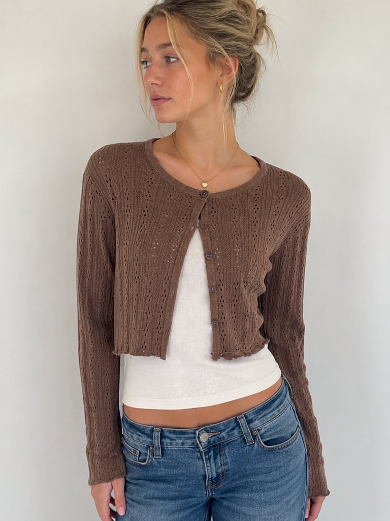 Brandy Melville Eyelet Brown Cardigan Sz S Balletcore Coquette